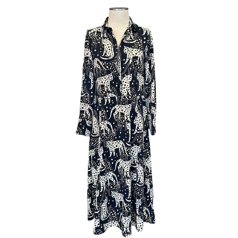 Monki Black Cat Print Shirt Maxi Dress EUC XXS Eclectic Art Teacher
